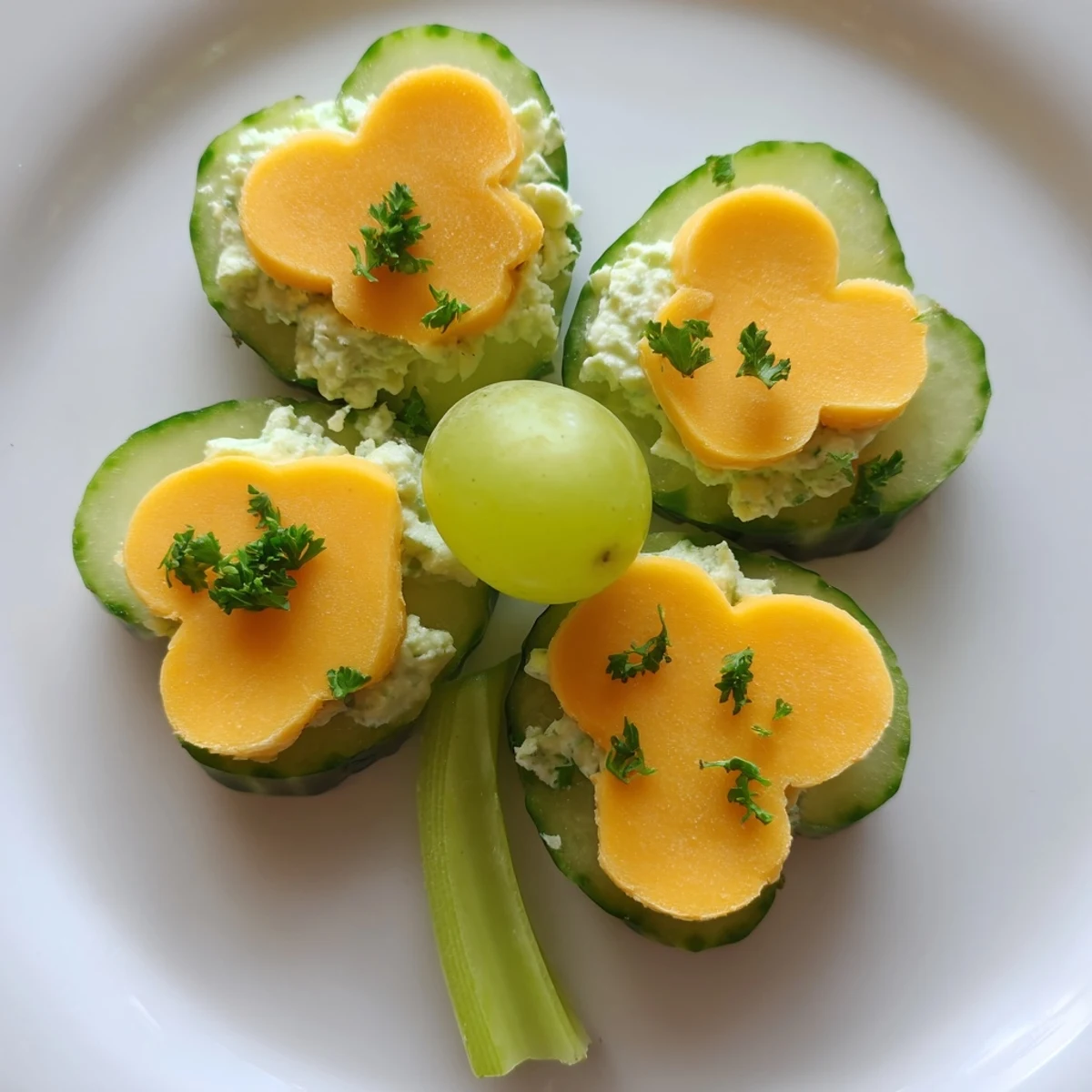 Freshly assembled Lucky Four-Leaf Clover Snack, with a green grape center, perfect for a party.