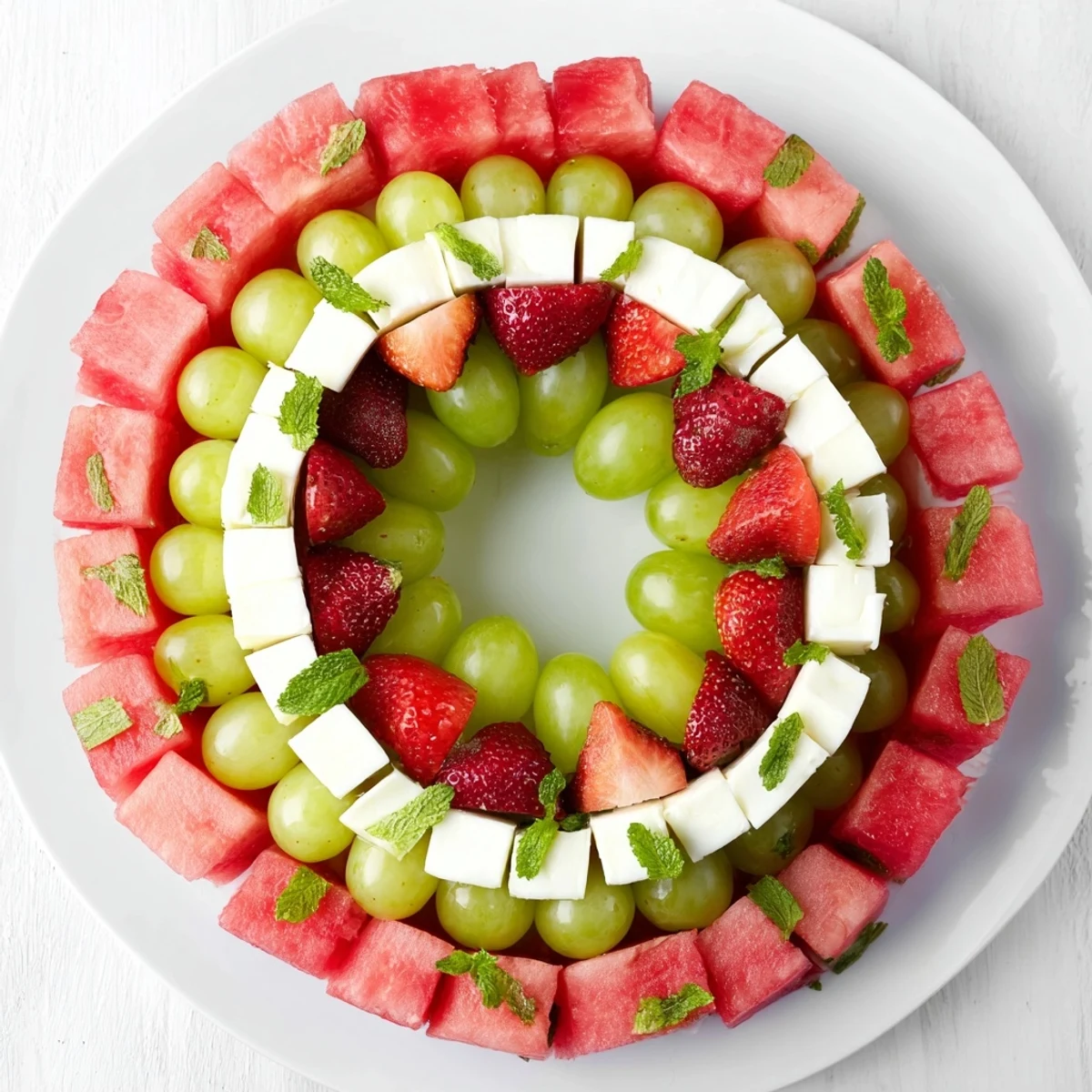 Refreshing summer appetizer, the Summer Watermelon Slice, showing juicy watermelon and cheese arranged to resemble a watermelon.