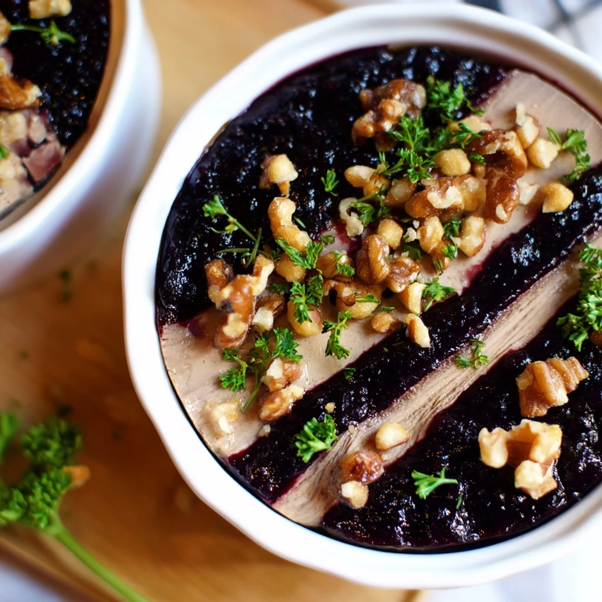 A visually appealing Velvet Underground, this appetizer showcases rich pâté topped with vibrant jam and crunchy nuts.