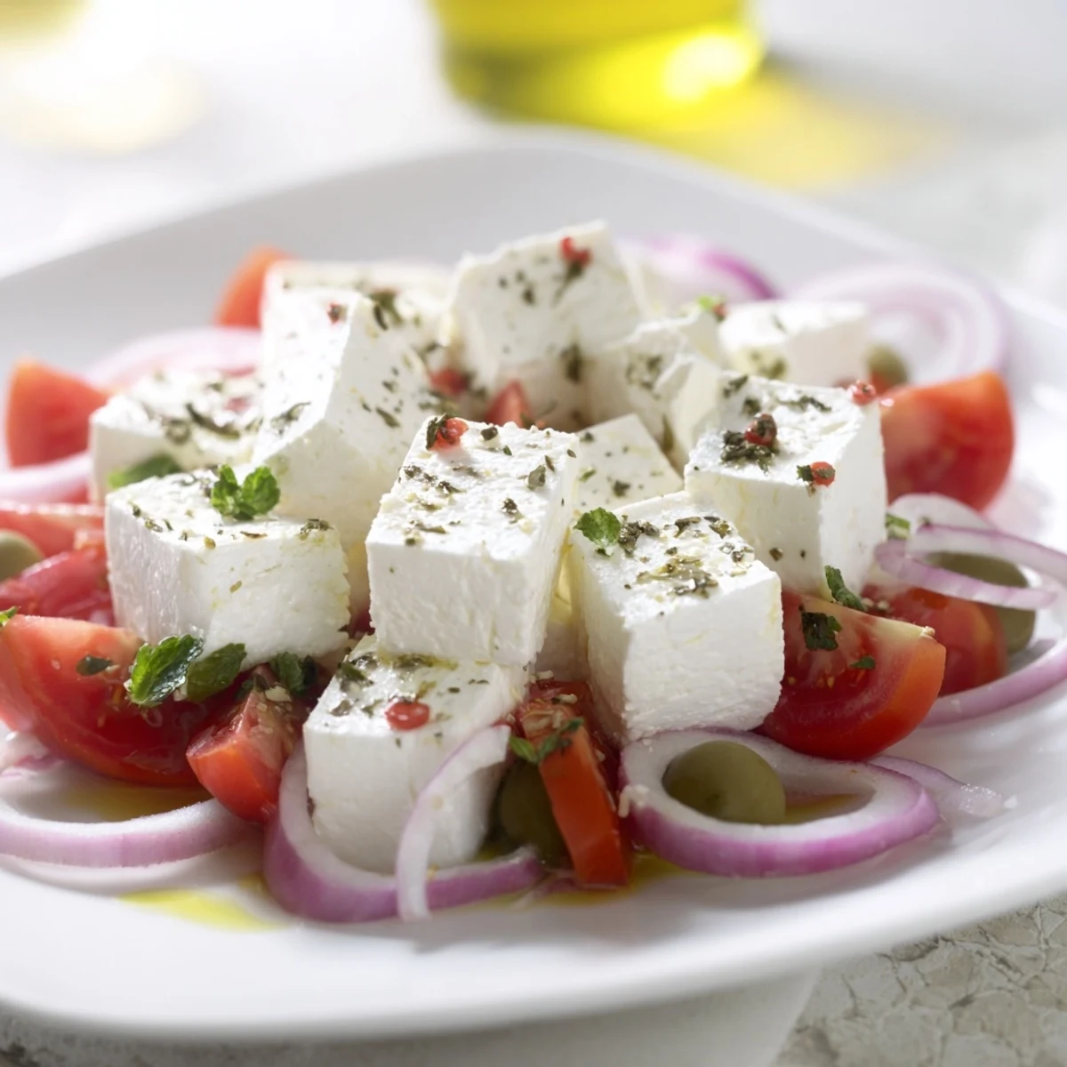 Vibrant Sun-Drenched Patio mezze platter with feta, olives, and fresh vegetables ready to enjoy.