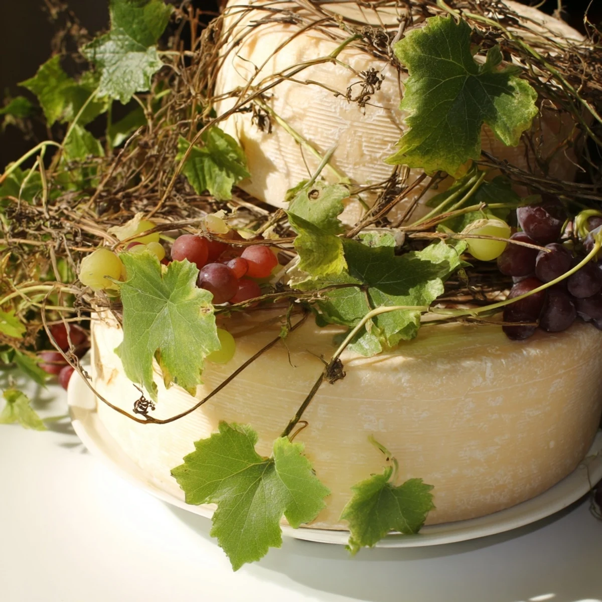 This Rustic Vineyard cheese arrangement features artisanal cheese, fresh grapes, and draping grapevines, ready to serve.