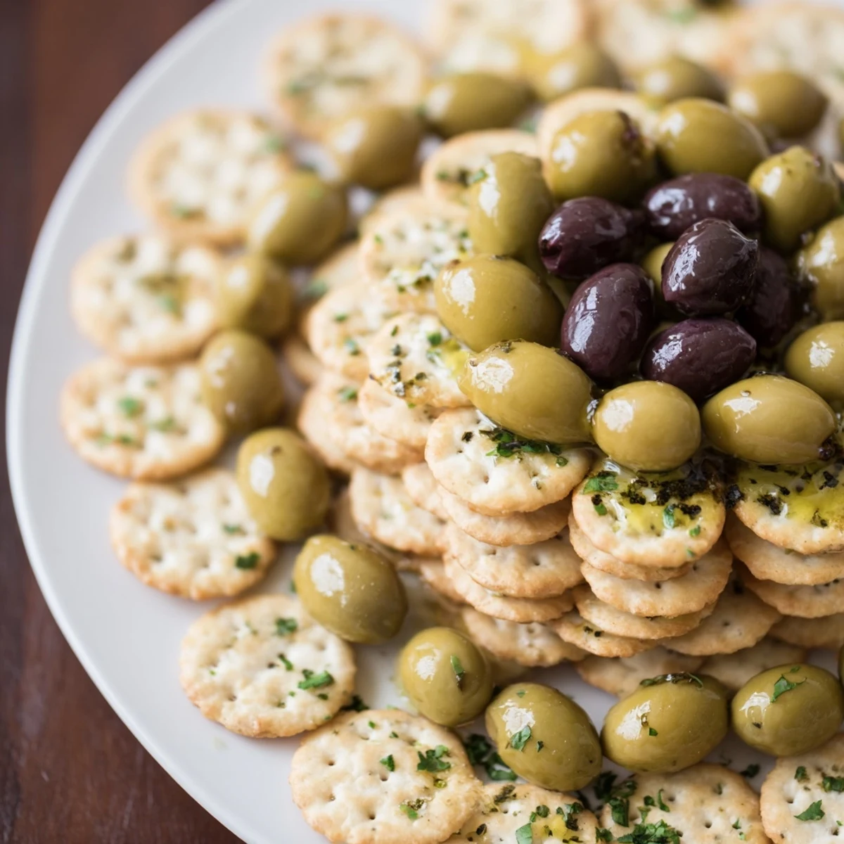 Crisp crackers on The Roman Colosseum Snack Platter create a visual masterpiece around the olive "gladiators."