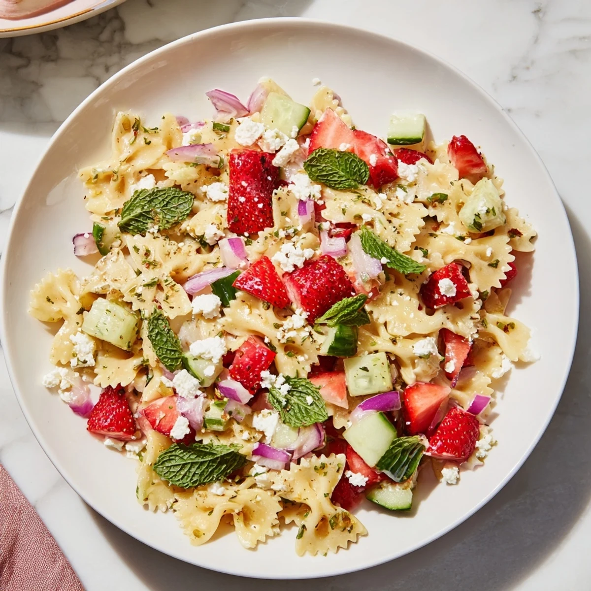 Plump strawberries and creamy feta mingle in this vibrant Strawberry Feta Pasta salad.