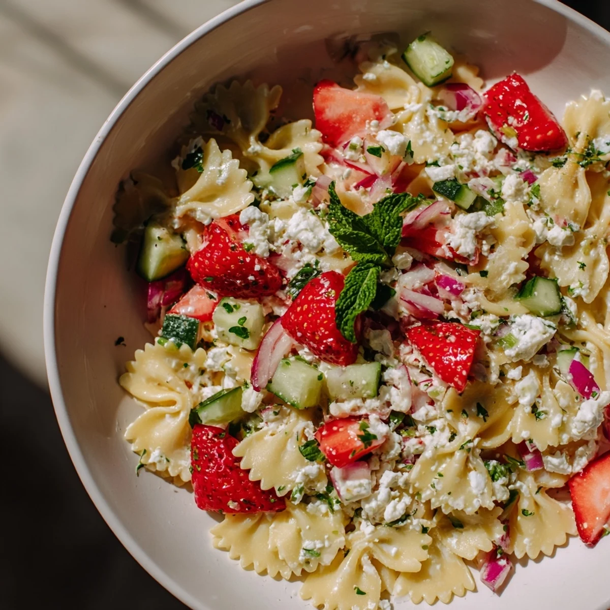 A close-up view of the refreshing Strawberry Feta Pasta, perfect for a light lunch.