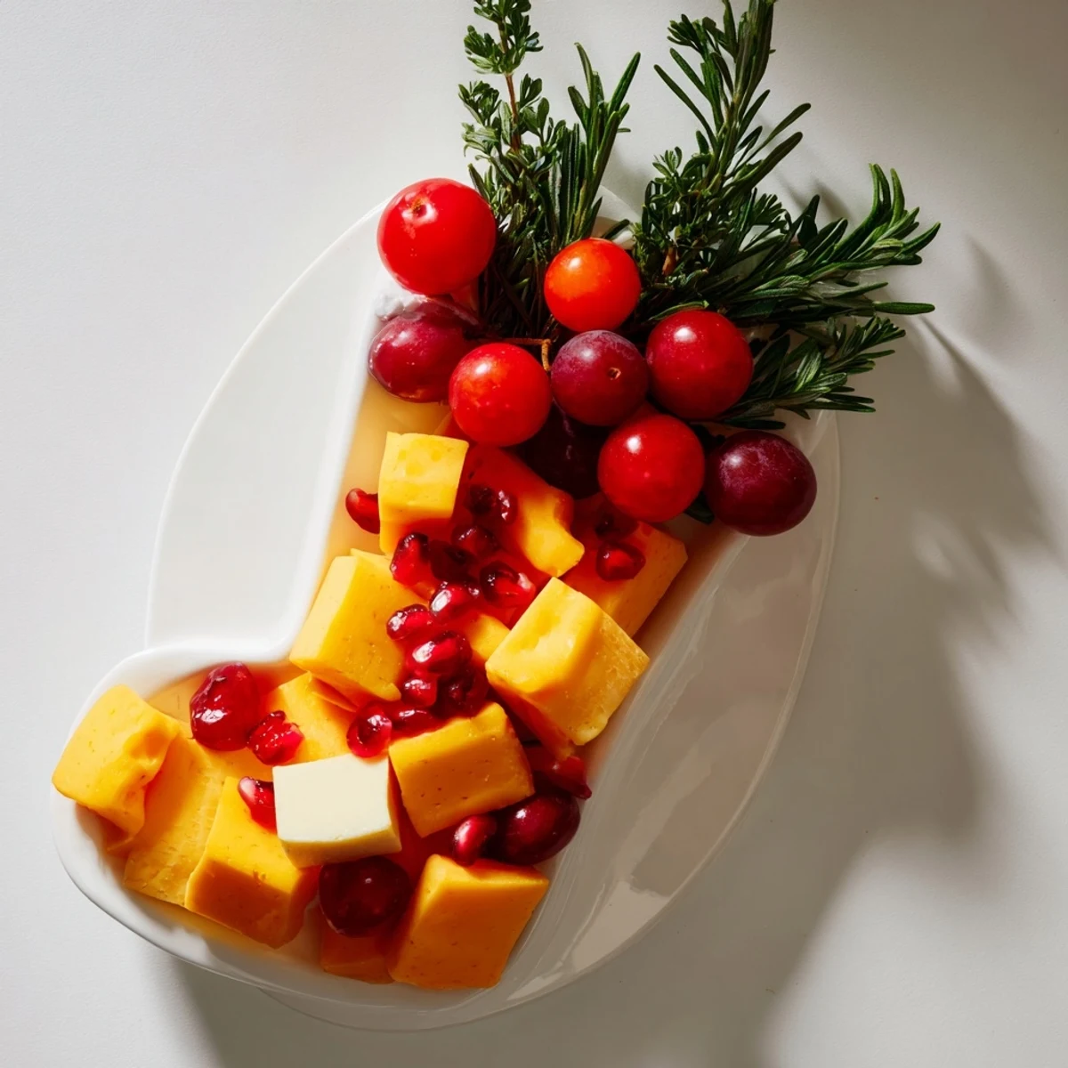 Festive Christmas Stocking Snack Tray loaded with cheese, crackers, and colorful Christmas cheer.
