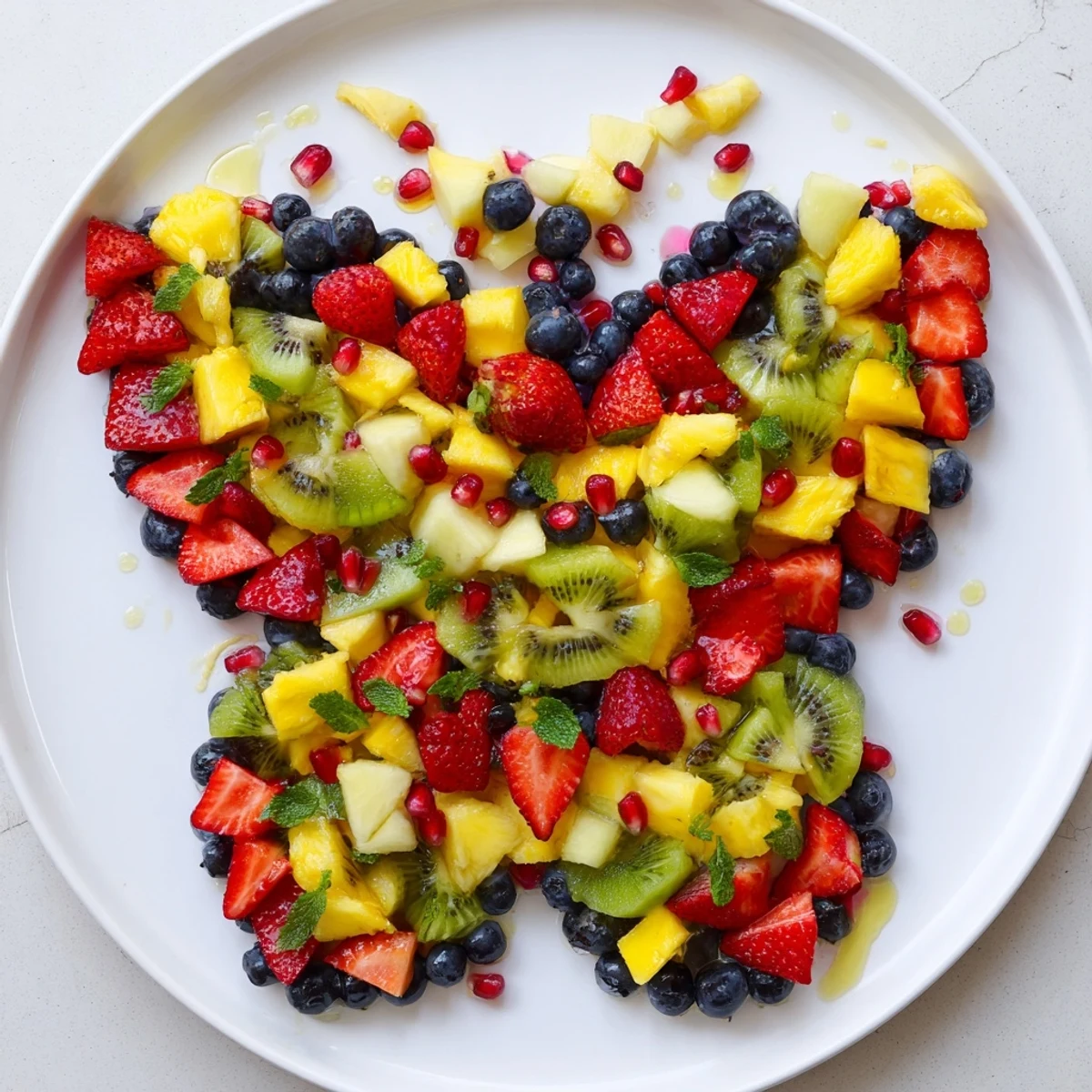 Fresh Papillon de Fruits dÉté Vifs: a colorful summer fruit butterfly arrangement drizzled with honey and mint.
