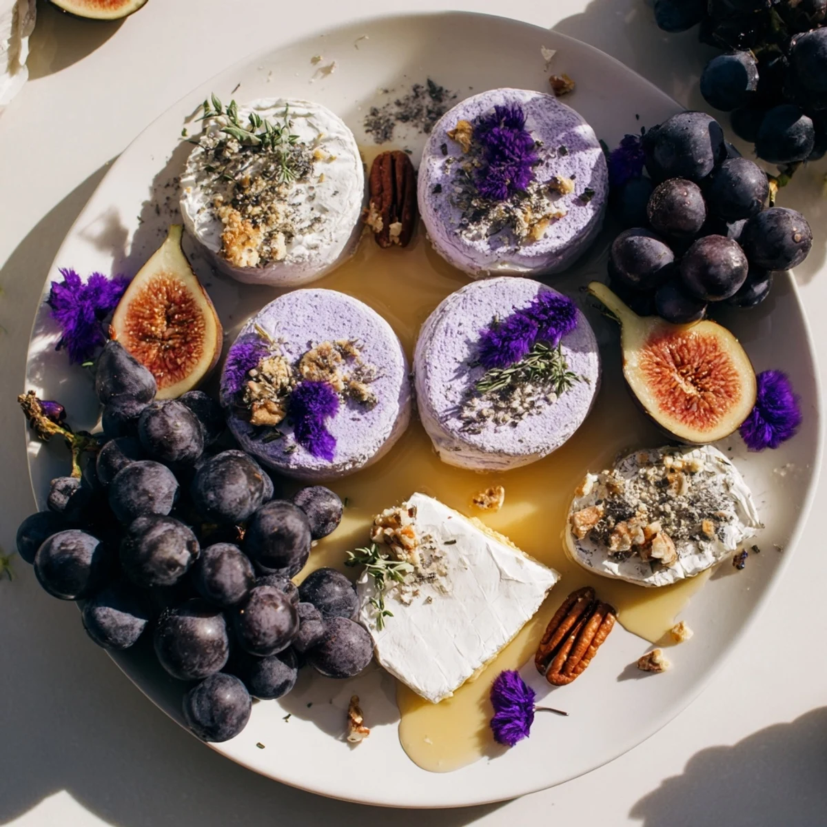 A visually stunning arrangement of The Lavender Haze cheese platter with contrasting textures and colors.