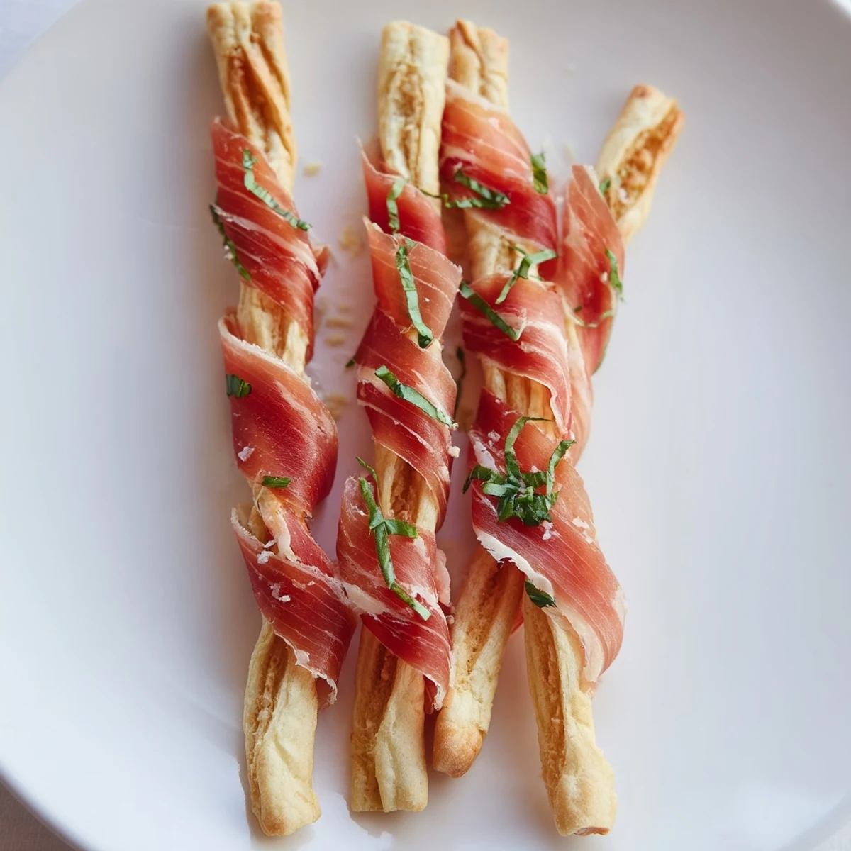 Savory Golden Gate bites feature crisp breadsticks and salty prosciutto, perfect for parties and gatherings.