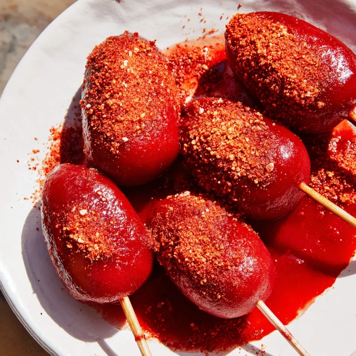 Crisp dill pickle sticks glistening with chamoy and speckled with Tajín seasoning, a perfect snack.