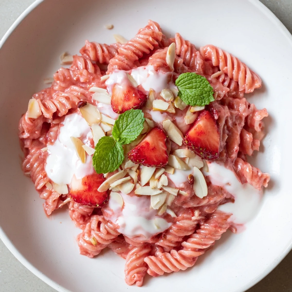 This Sweet Strawberry Yogurt Pasta plate offers a glimpse of bright red strawberries with a creamy yogurt swirl.