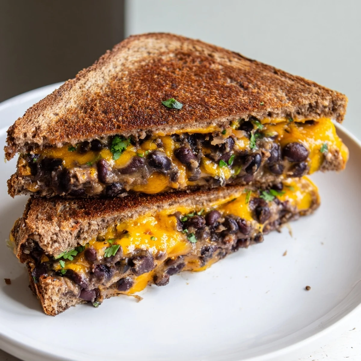 Golden-brown bread with a creamy, cheesy Black Bean Grilled Cheese, perfect for a cozy lunch.