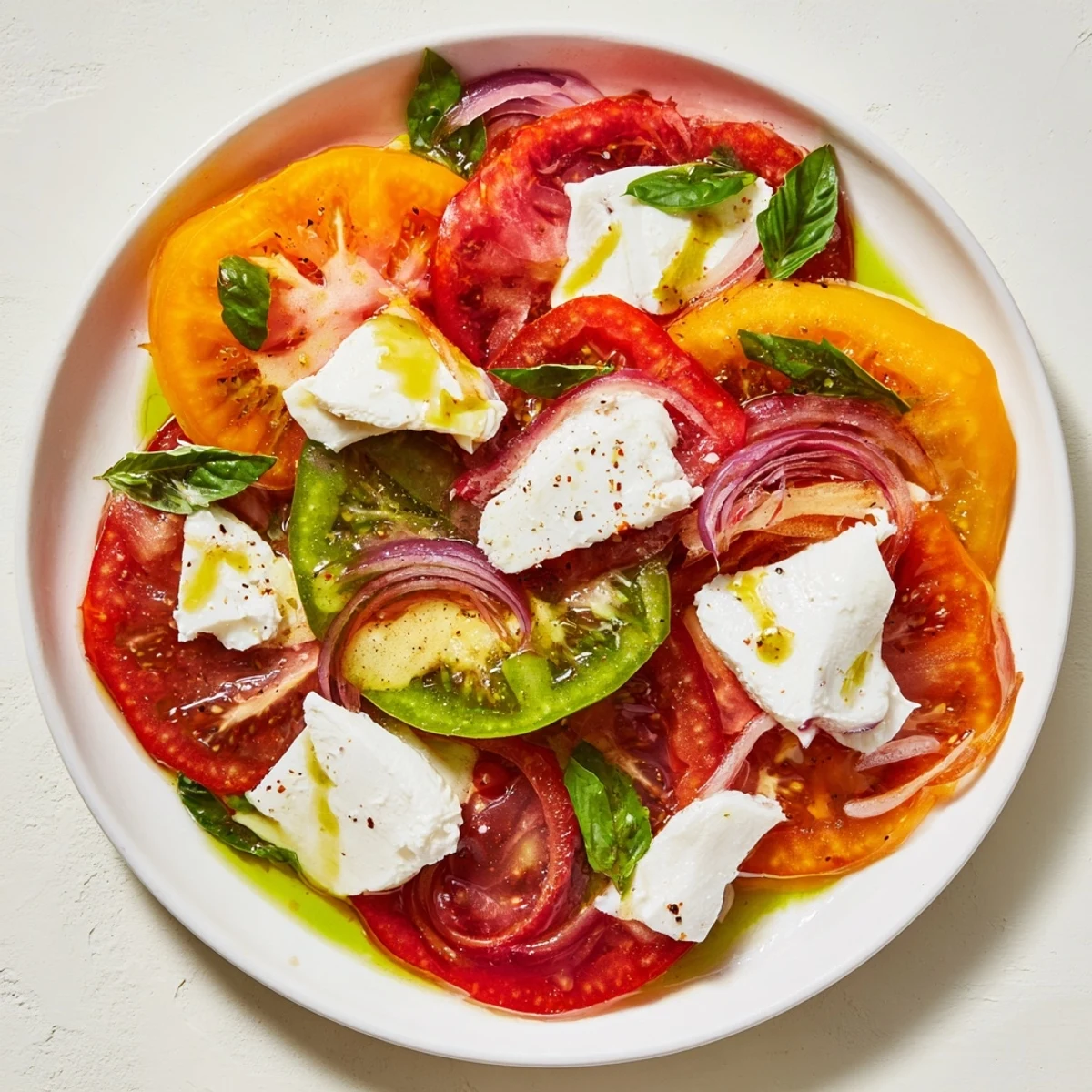 A colorful Summer Tomato Salad with basil oil, showcasing juicy tomatoes, fresh mozzarella, and aromatic oil.