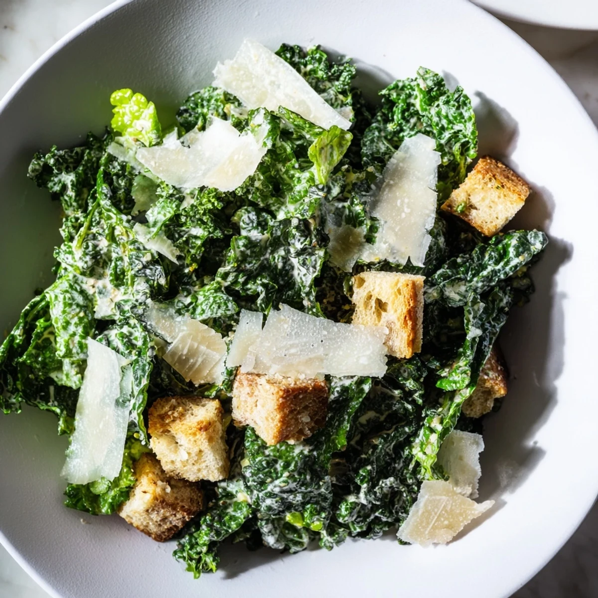 Freshly tossed Kale Caesar Salad with bright green kale, Parmesan, and crunchy croutons, delicious!
