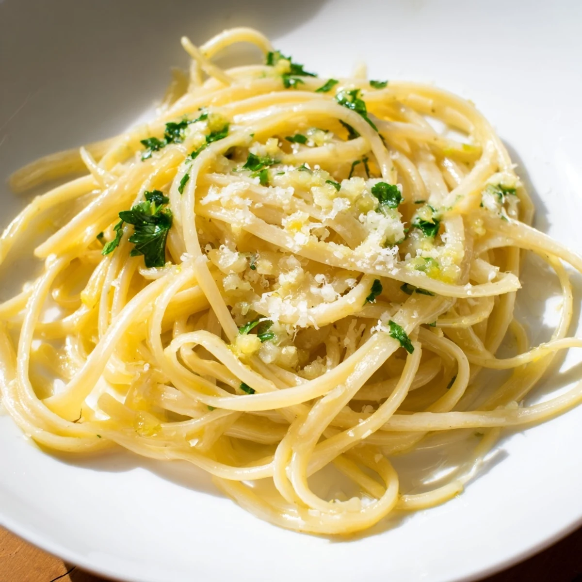 A close-up of creamy garlic butter linguine with fresh parsley and Parmesan cheese, ready to eat.