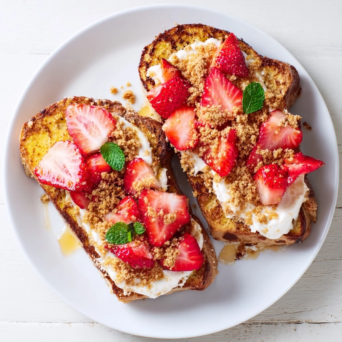 Close-up of vibrant Strawberry Cheesecake Toast, showcasing juicy strawberries atop creamy, sweet layers.
