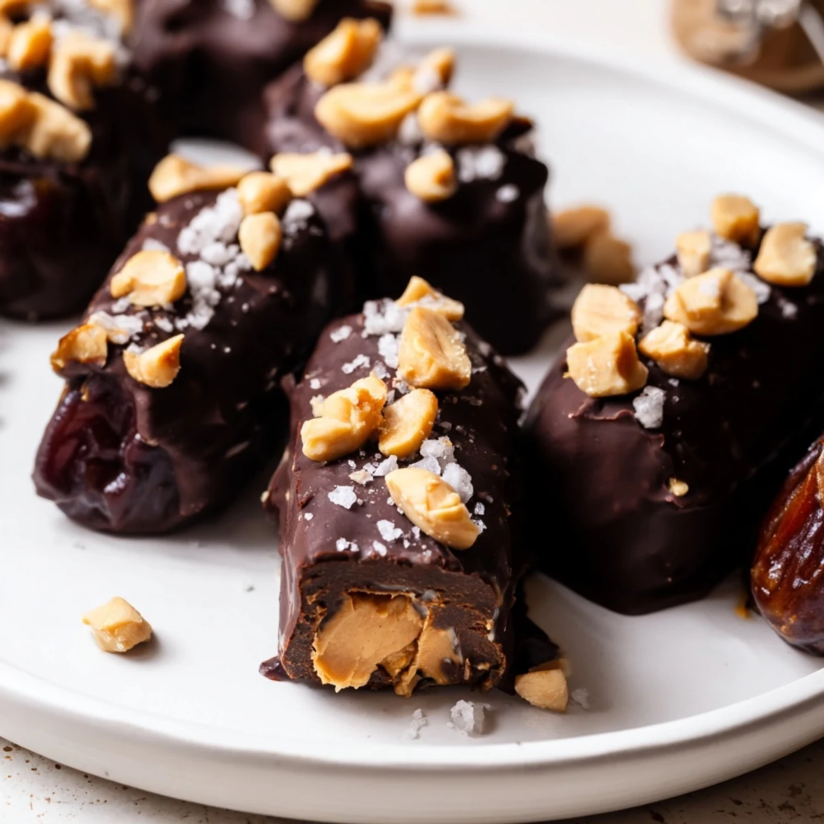 Melted chocolate glistens atop Date Bark Snickers-Style, a no-bake dessert bursting with peanut butter sweetness.