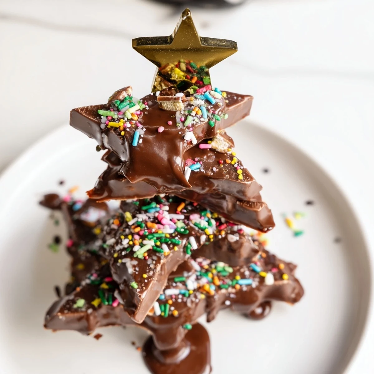A close-up of delicious Chocolate Kinder Christmas Trees drizzled with melted chocolate and festive sprinkles.