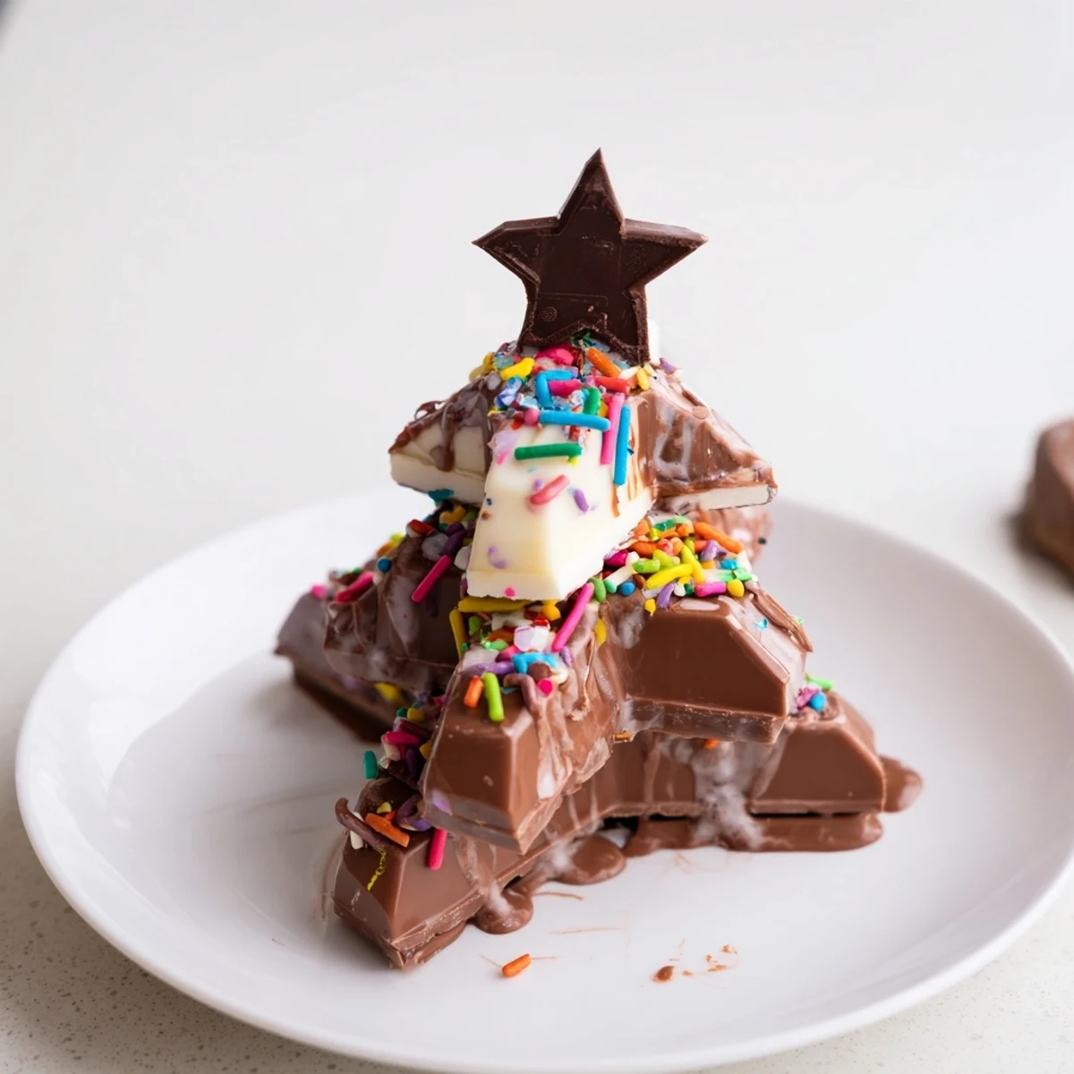 Vibrant close-up of stacked Kinder bars transformed into adorable Chocolate Kinder Christmas Trees ready to enjoy.