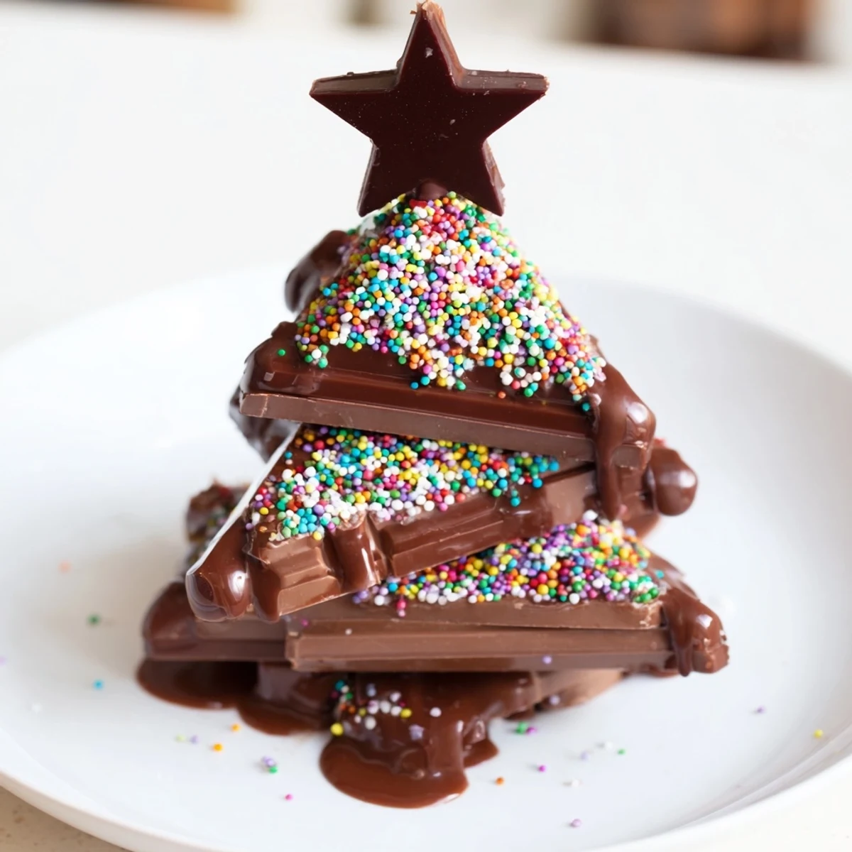 These homemade Chocolate Kinder Christmas Trees are topped with stars, a perfect dessert for the holidays.