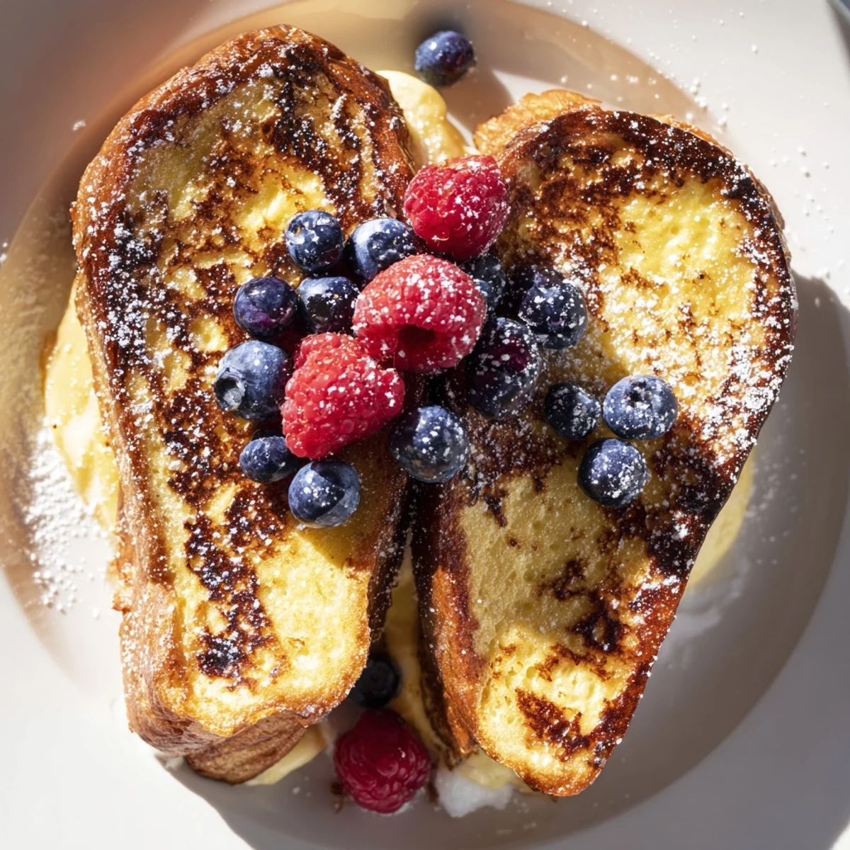 This photo features warm, delicious Ice Cream French Toast, a sweet breakfast indulgence with fresh toppings.
