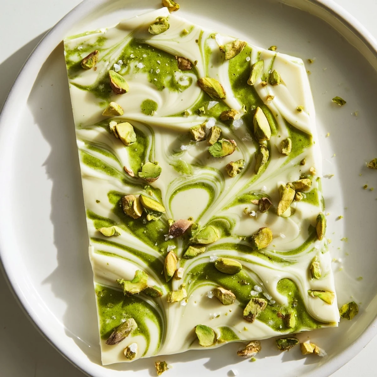 Crisp, jagged pieces of Pistachio Matcha White Chocolate bark, a delightful combination of sweet and earthy flavors.