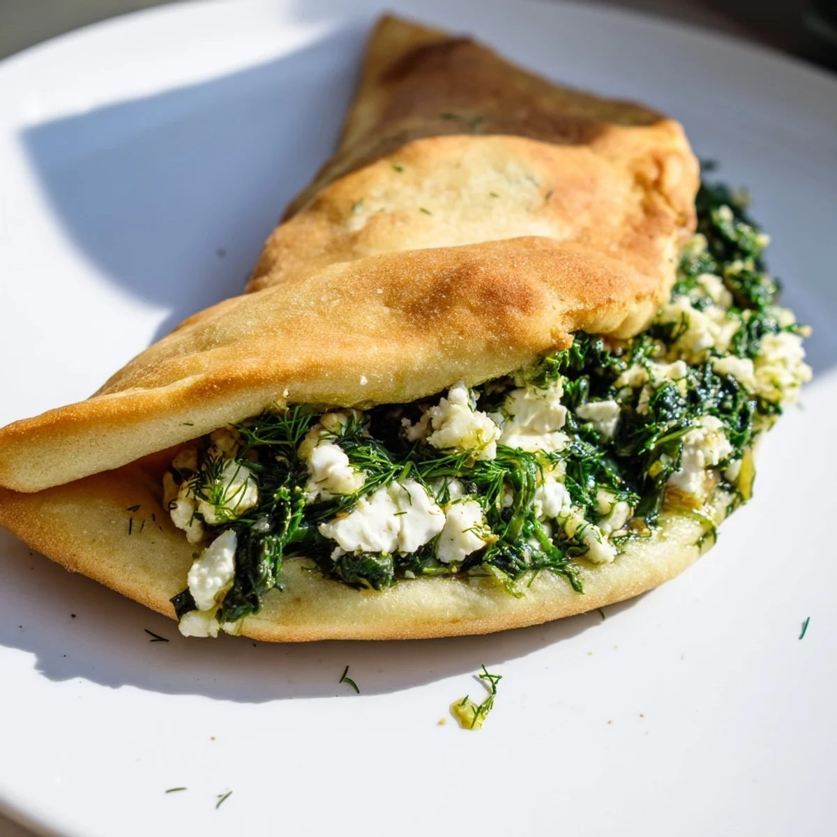 Golden, folded Turkish spinach and feta flatbread, ready to be sliced and served warm with a side.
