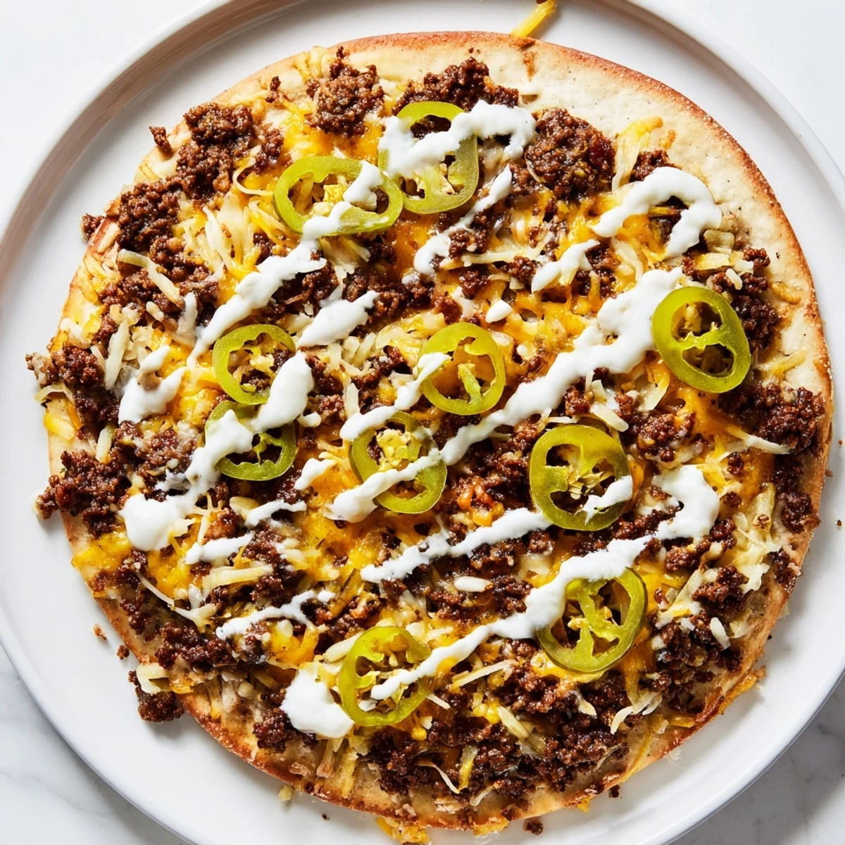 Golden crust topped with melted cheese, spicy jalapeños, and ground beef makes this Taco Pizza delicious.