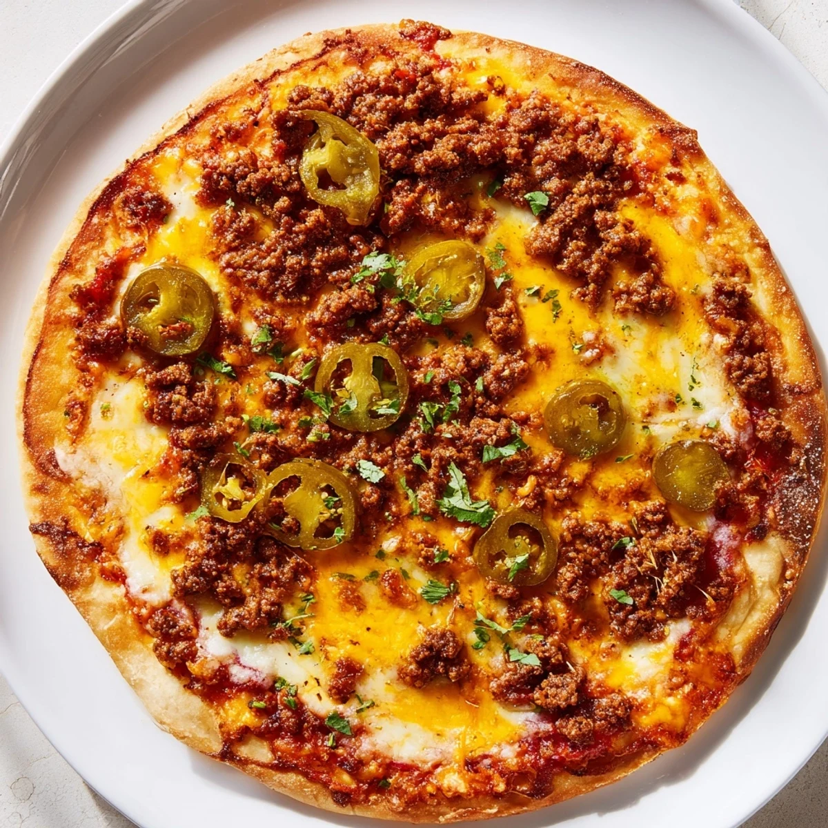 Spicy ground beef pizza base, baked golden brown, with bubbling cheese and a sweet honey drizzle.