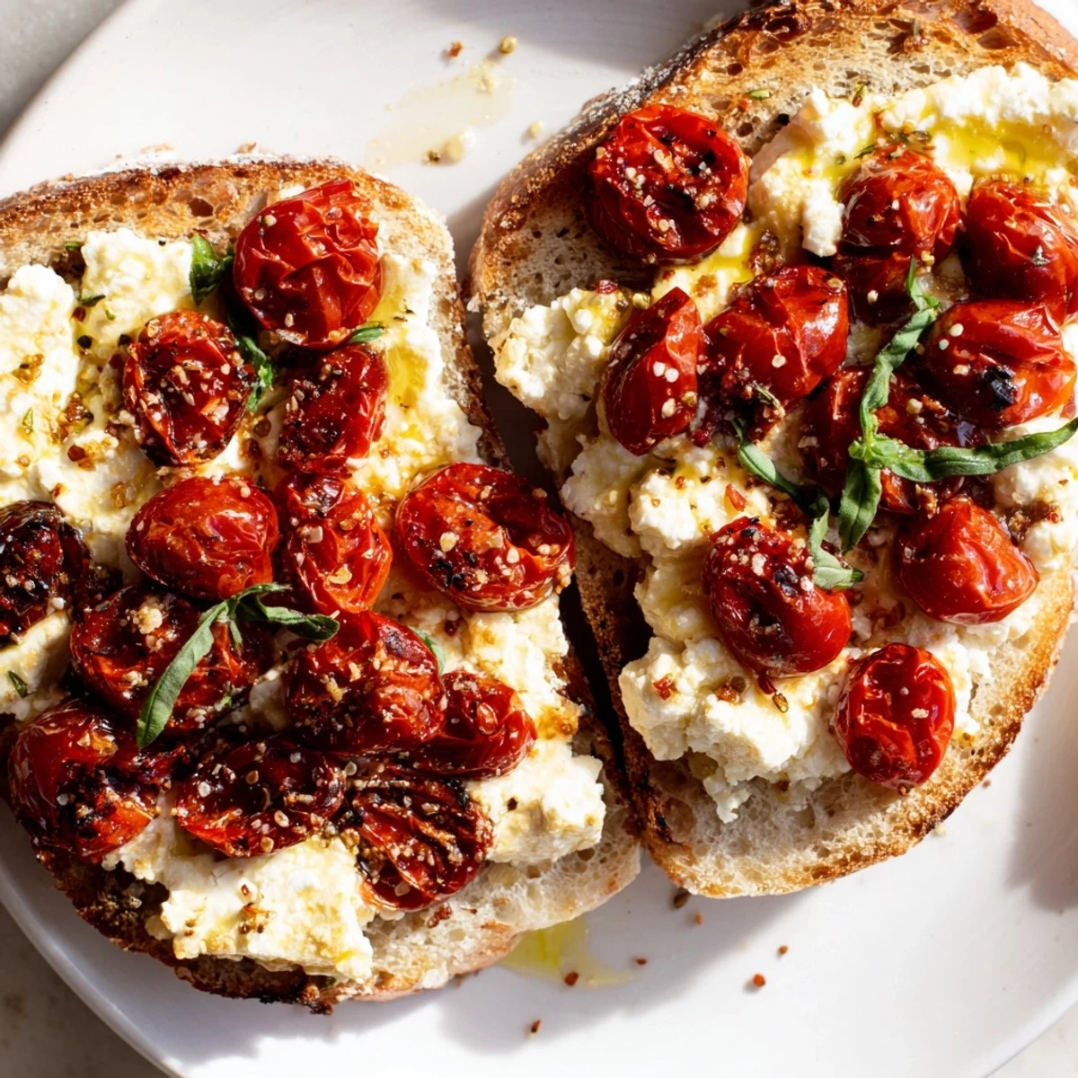 Baked feta toast with bubbly cheese, roasted tomatoes, and fresh basil, a colorful Mediterranean delight.