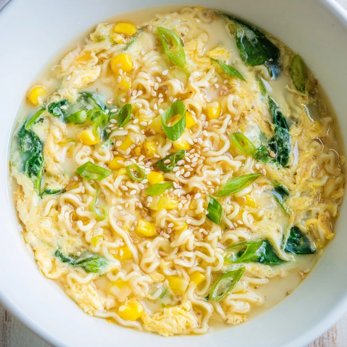 Enjoy the creamy texture of this quick and easy Elevated Ramen Egg Drop Soup, a satisfying meal.
