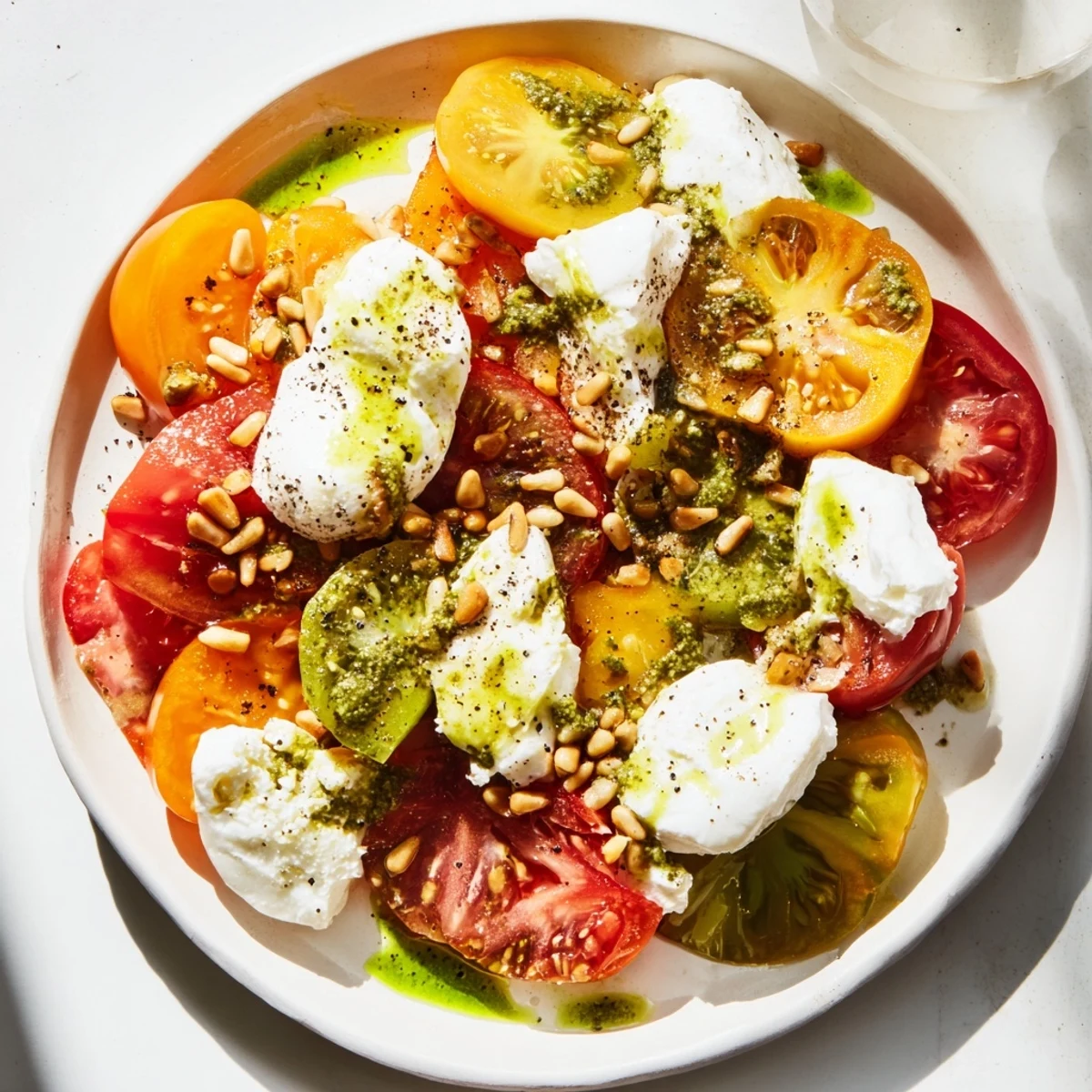 A colorful Heirloom Tomato Salad Board featuring fresh tomatoes, soft burrata, and fragrant basil dressing.