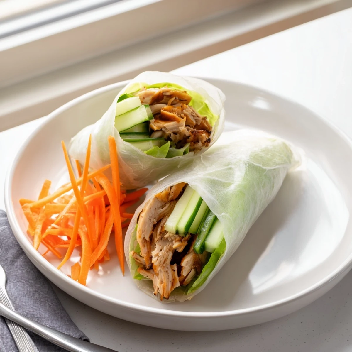 Golden, crispy Garlicky Pulled Chicken Wraps filled with colorful veggies, ready to enjoy.