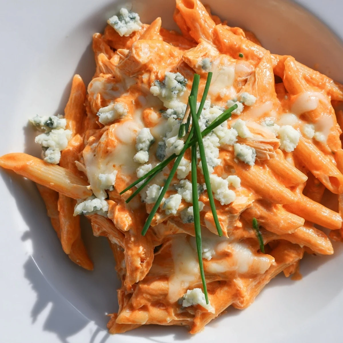 A steaming bowl of Buffalo Chicken Pasta garnished with crumbled blue cheese and fresh chives on a rustic table.  