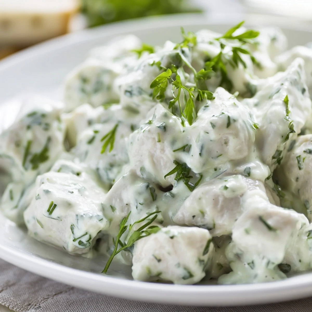 Hearty Green Goddess Chicken Salad with sliced avocado and cucumber, perfect for a quick, healthy lunch or light dinner.