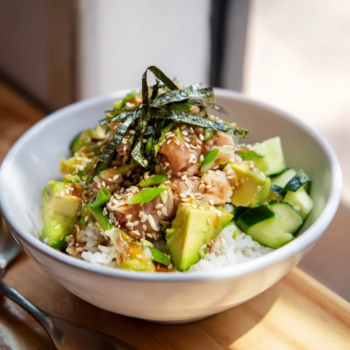 Creamy avocado and flaked tuna rest on warm jasmine rice, garnished with cucumber, scallions, and sesame seeds.