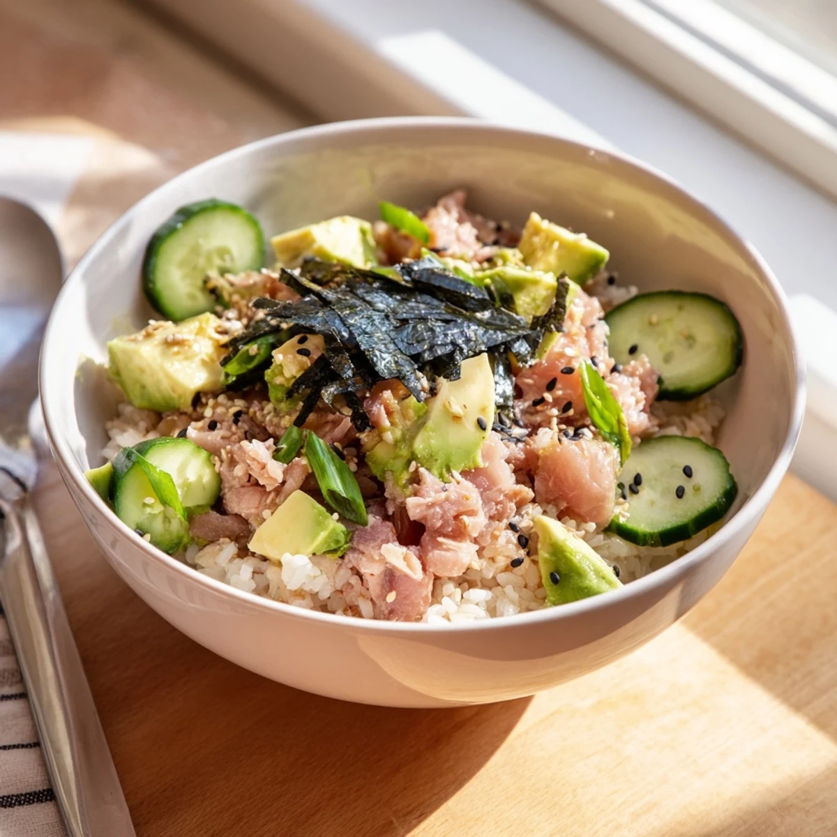 Savory tuna avocado rice bowl topped with crisp cucumber and nori, drizzled with a ginger-sesame dressing.