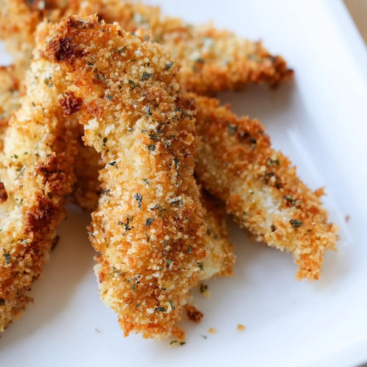 Freshly baked Crispy Panko Chicken Strips displayed on a wire rack for extra crunch, alongside colorful dipping sauces.