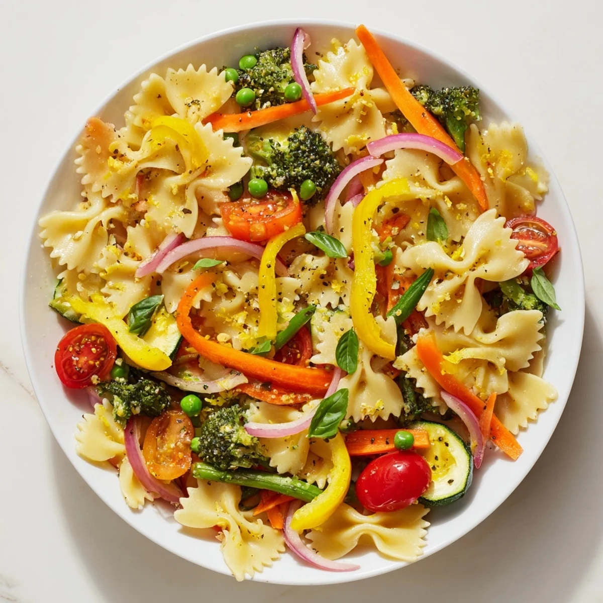 Sizzling Rainbow Veggie Pasta Primavera in a skillet, featuring vibrant broccoli, carrots, and red bell peppers coated in a glistening garlic and olive oil sauce.