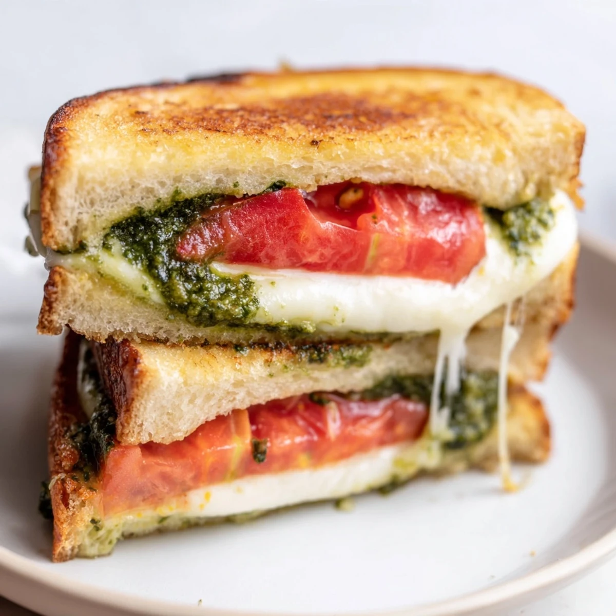 Golden-brown Caprese Pesto Grilled Cheese sandwich oozing melted mozzarella and vibrant tomato slices.