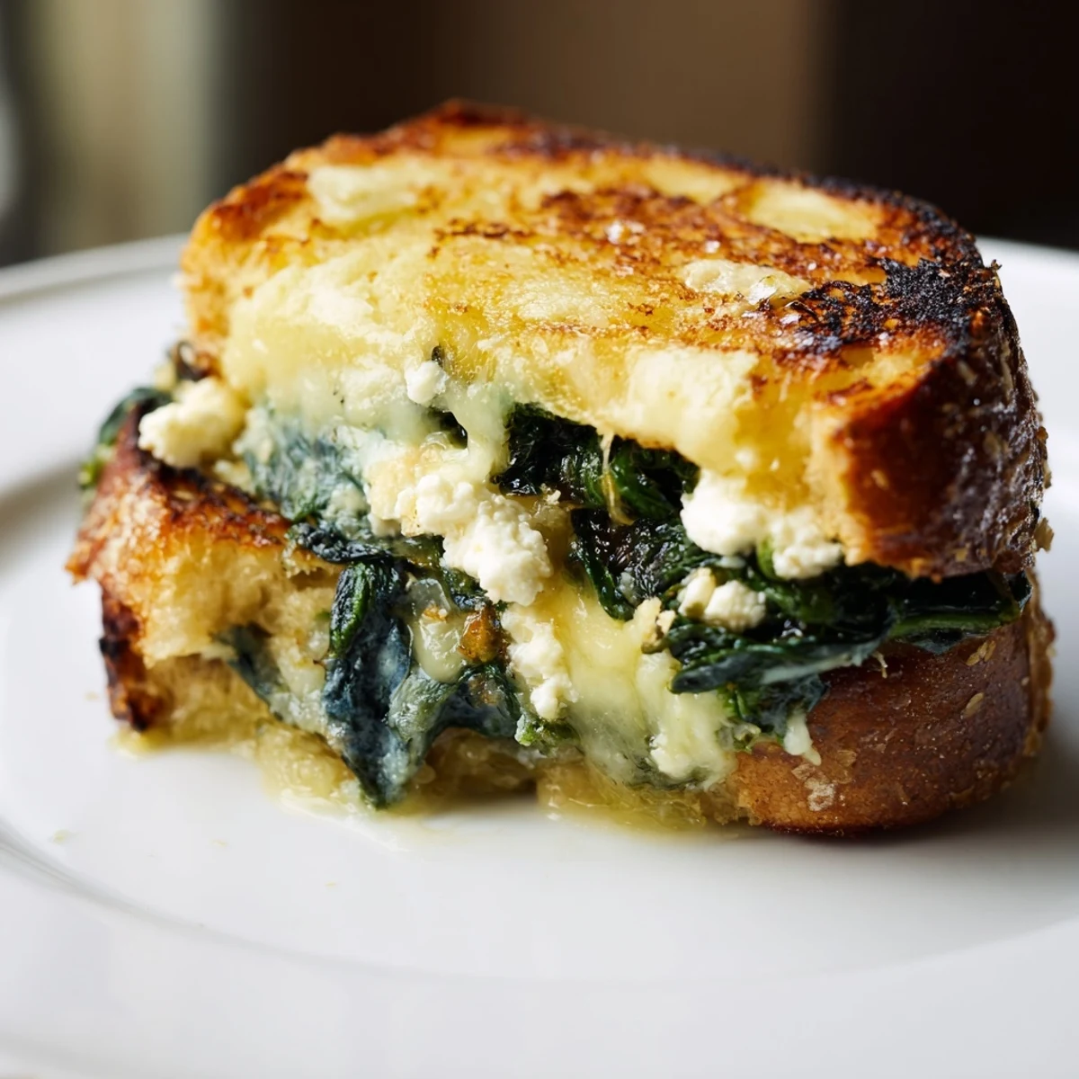 Feta and spinach stuffed grilled cheese with melty cheese and sautéed spinach, sliced to show the vibrant filling.