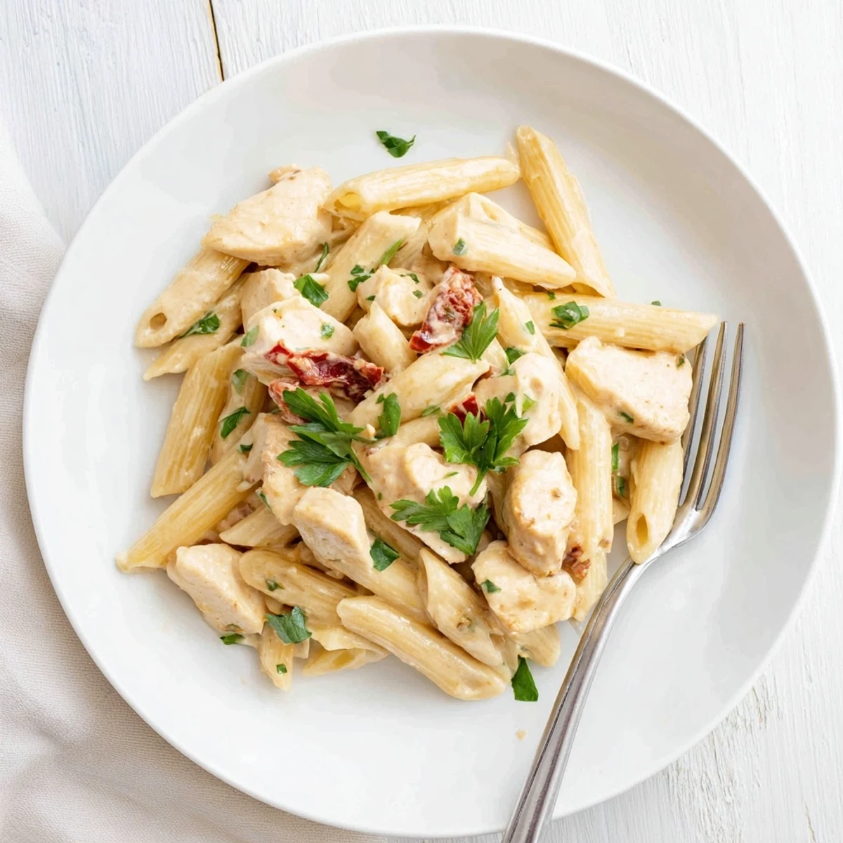 Creamy Sun-Dried Tomato Chicken Pasta features golden chicken strips and glossy penne in a velvety garlic sauce, garnished with fresh basil.