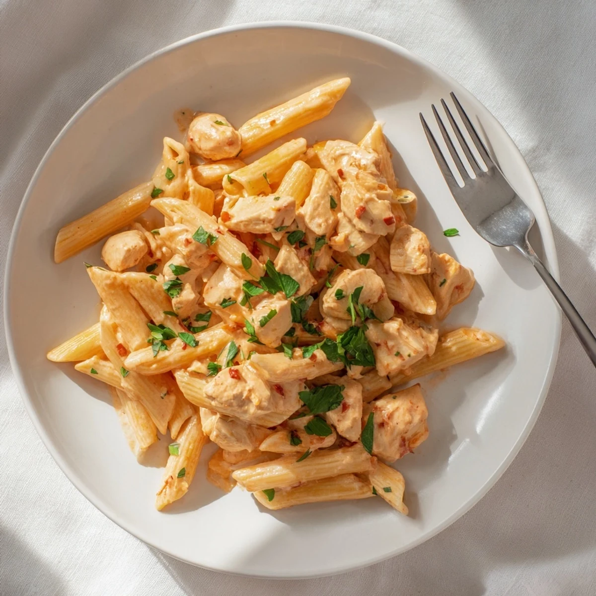 A warm skillet of Creamy Sun-Dried Tomato Chicken Pasta reveals al dente penne coated in rich sauce with vibrant sun-dried tomatoes.