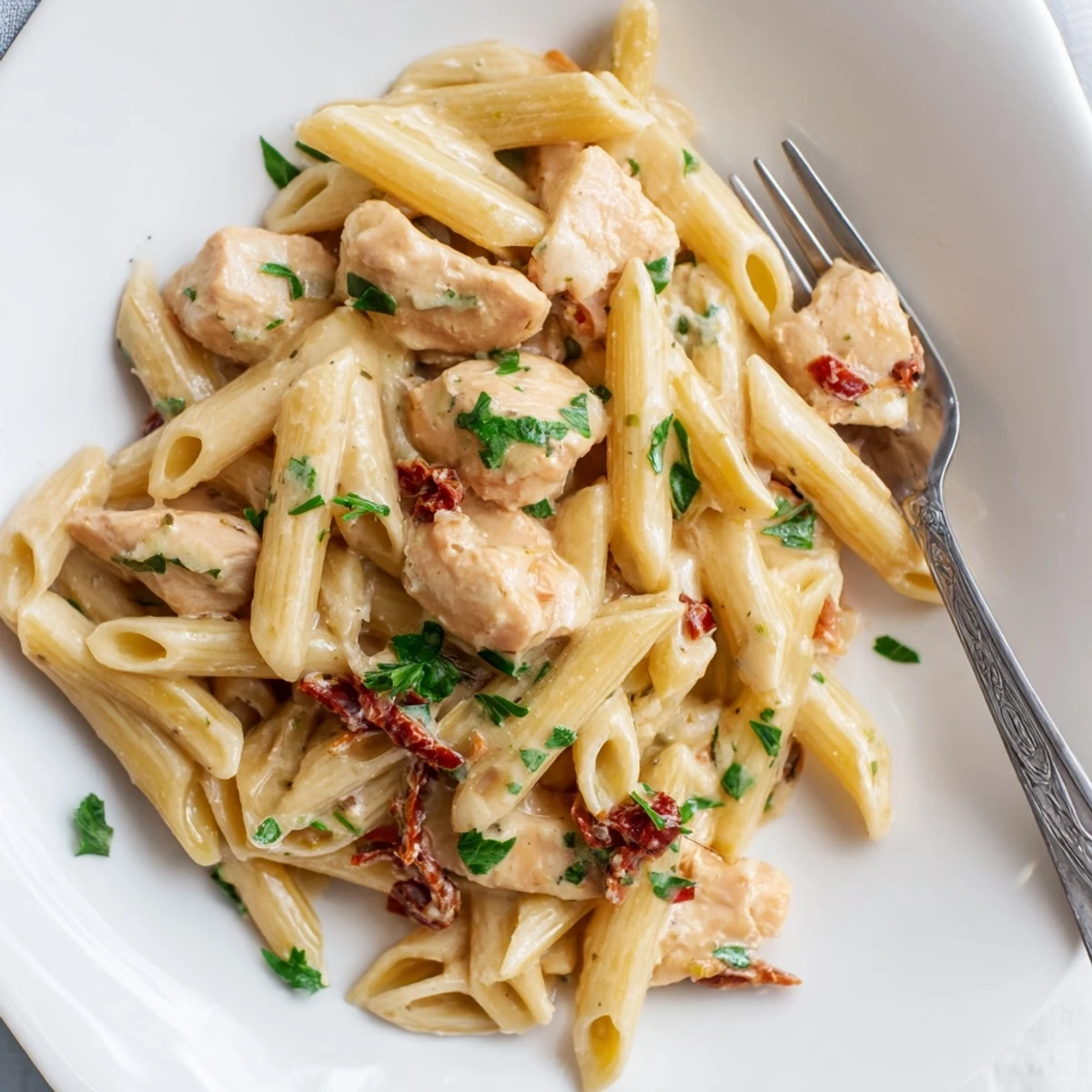 Savory Creamy Sun-Dried Tomato Chicken Pasta is plated with extra Parmesan, ready to serve alongside a crisp green salad.