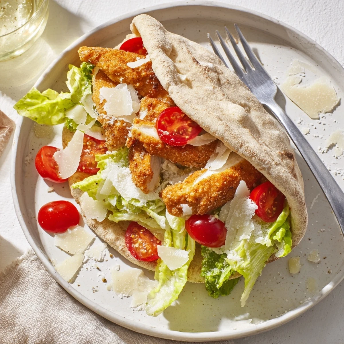 Freshly made crispy chicken Caesar pita served with lemon wedges on a rustic wooden table, ideal for a satisfying lunch.