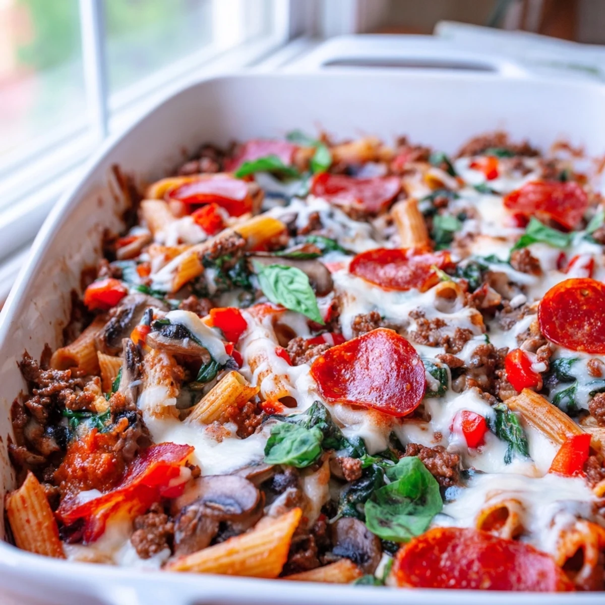 A scoop of the savory High Protein Italian Beef and Pasta Bake shows a hearty mix of whole wheat pasta, lean ground beef, sautéed bell peppers, mushrooms, and wilted spinach in a robust tomato sauce.