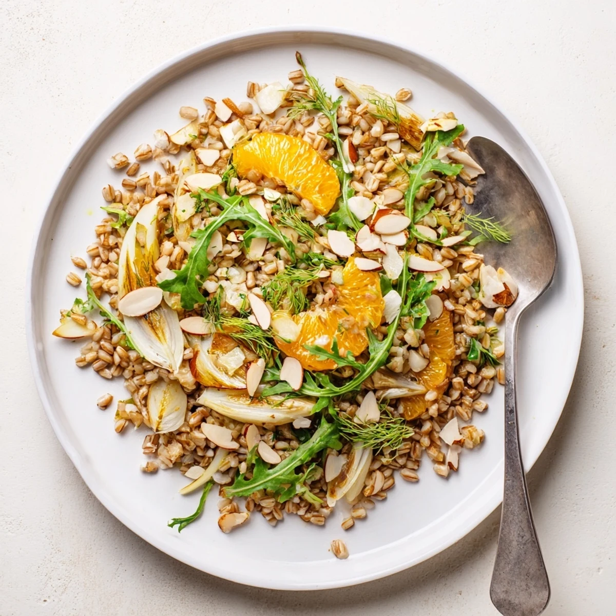 Bright Mediterranean flavors in a bowl of farro salad with fennel, oranges, and almonds.