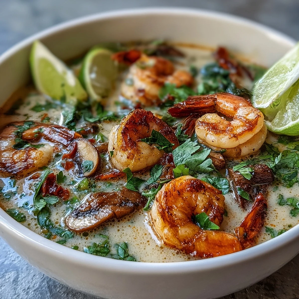 A close-up of Thai Coconut Shrimp Soup in a white bowl, garnished with cilantro, green onions, and lime wedges.