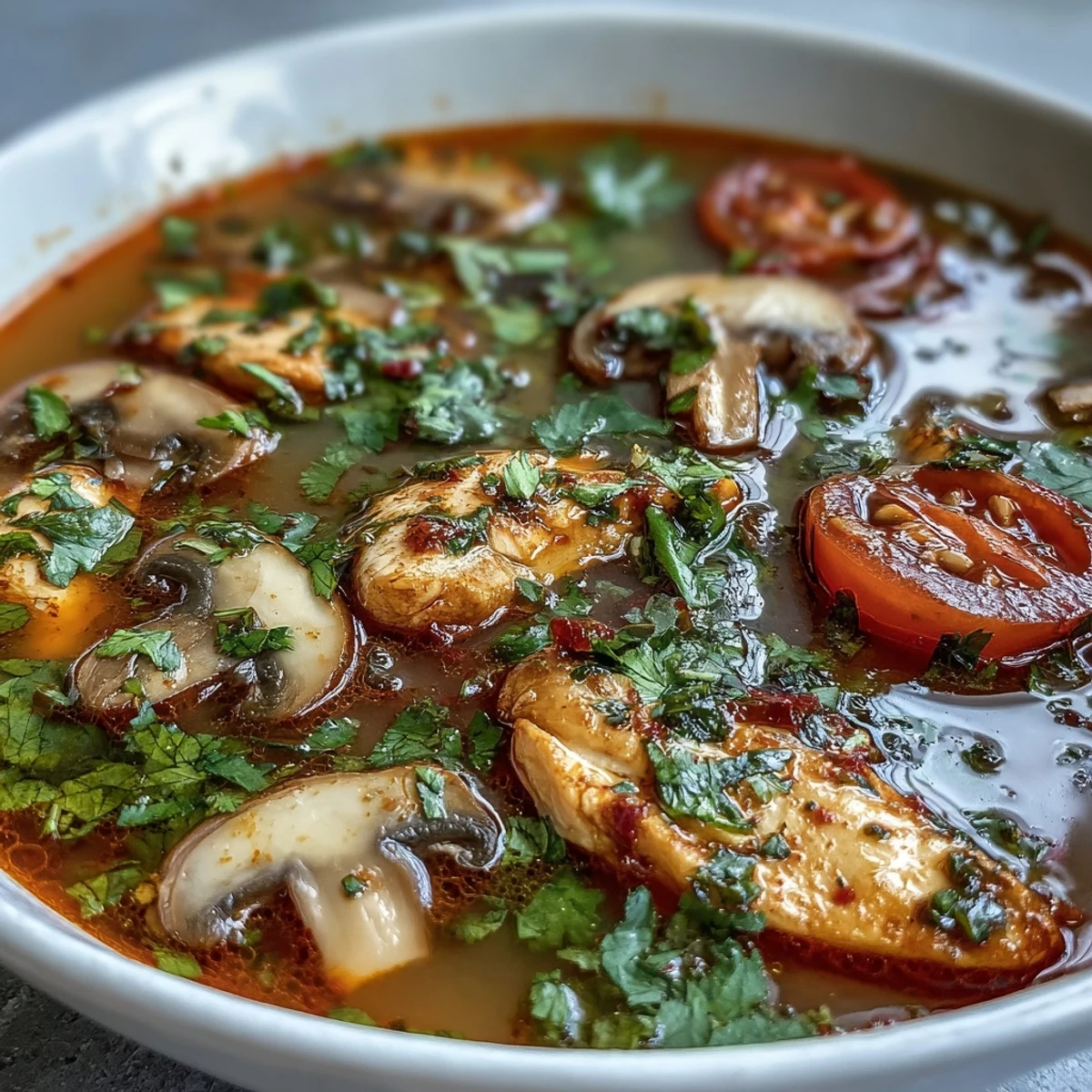 A steaming bowl of Tom Yum Gai with tender chicken, mushrooms, and tomato wedges in a clear, aromatic broth.
