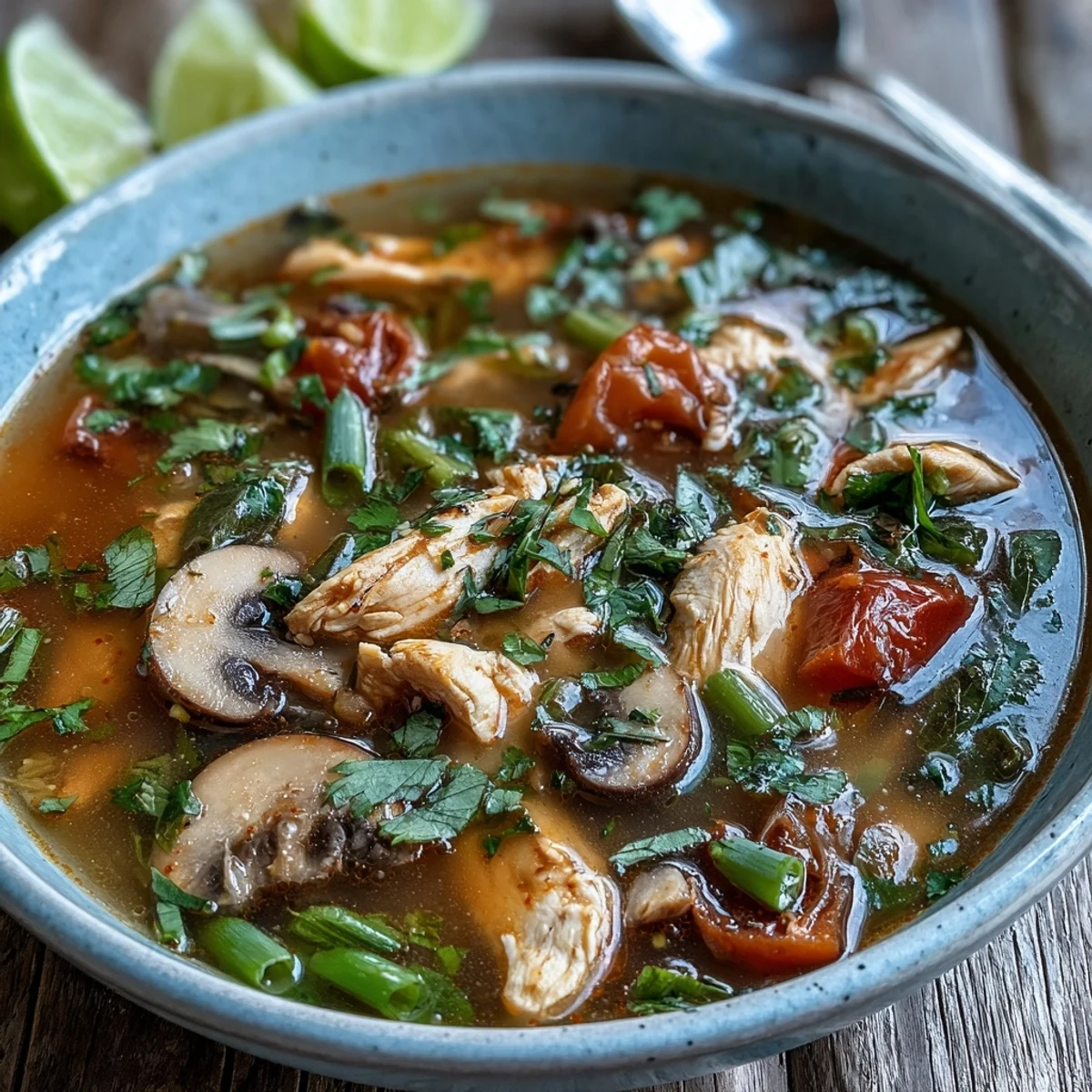 A vibrant, spicy-sour Tom Yum Chicken soup garnished with fresh cilantro and lime wedges, served hot in a rustic ceramic bowl for an authentic Thai dining experience.