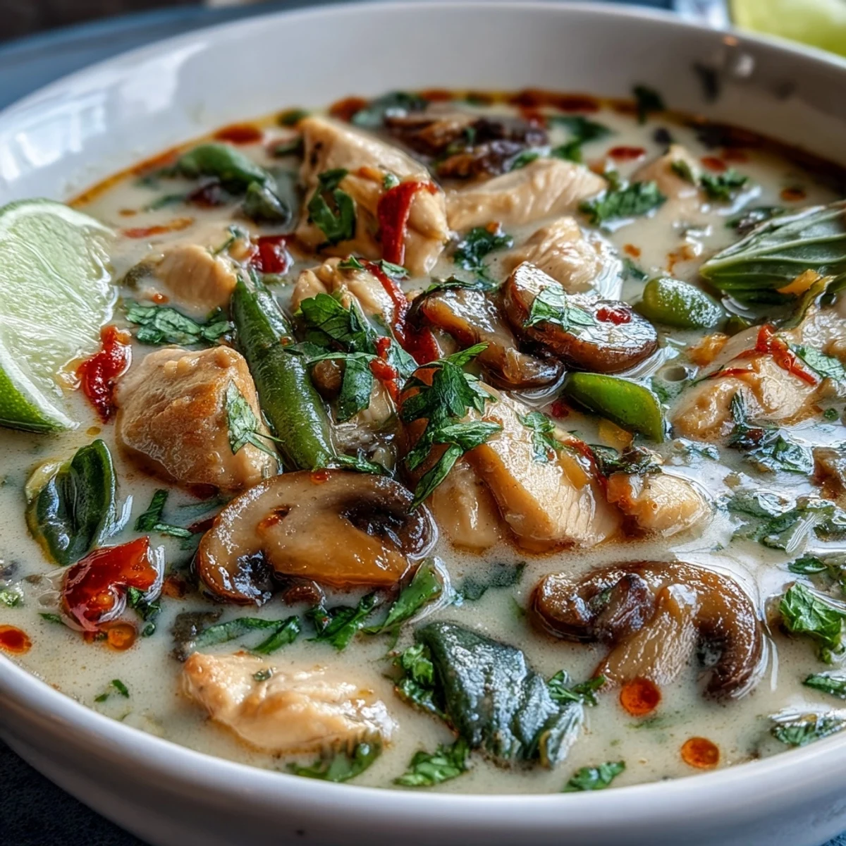 Garnished Thai Chicken Coconut Curry Soup steaming in a bowl, topped with cilantro and lime.